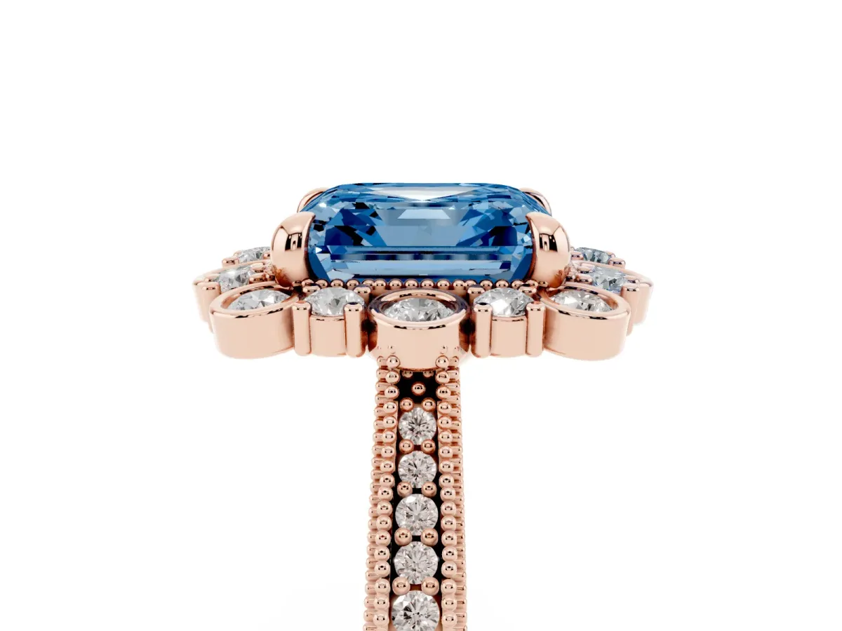 Fancy Blue Asscher Cut Halo Milgrain Pave Diamond Ring with Four-Prong Setting Rose gold