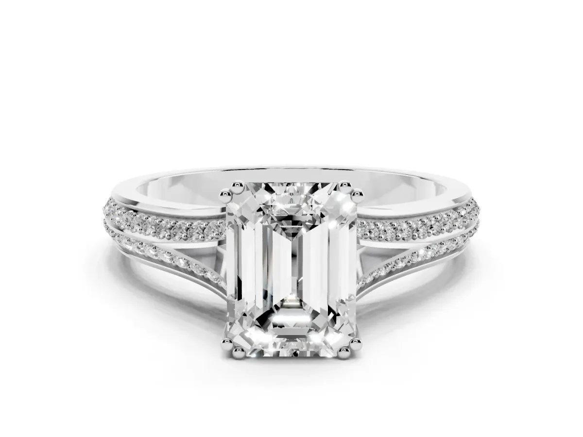 Emerald Cut Diamond Split Shank Engagement Ring with Pavé Band Silver