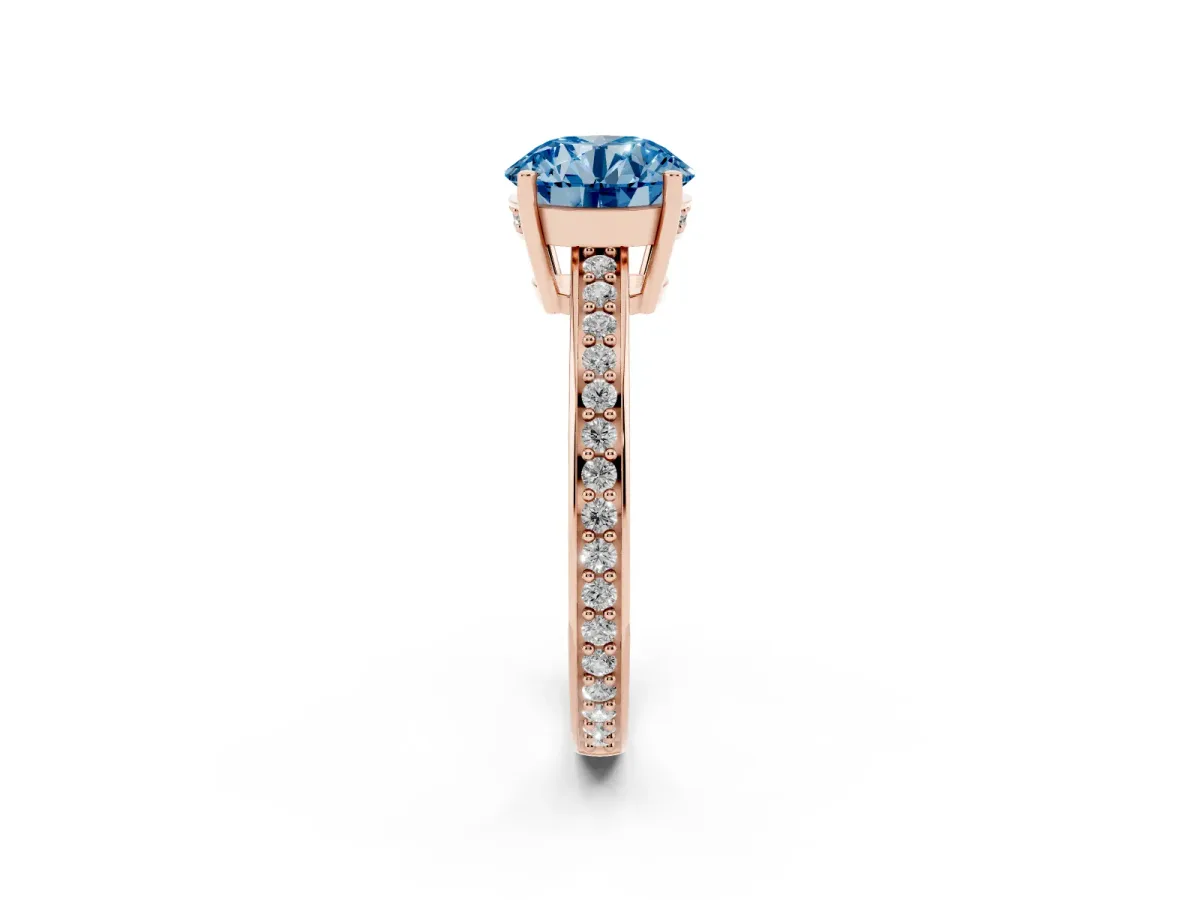 Fancy Blue Round Cut Solitaire Pavé Band Prong Setting Ring Rose gold