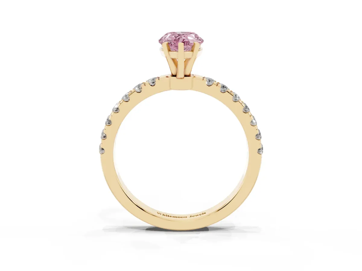 Fancy Pink Pear Cut Diamond Solitaire Ring with Pavé Accents and Four-Prong Setting Yellow gold