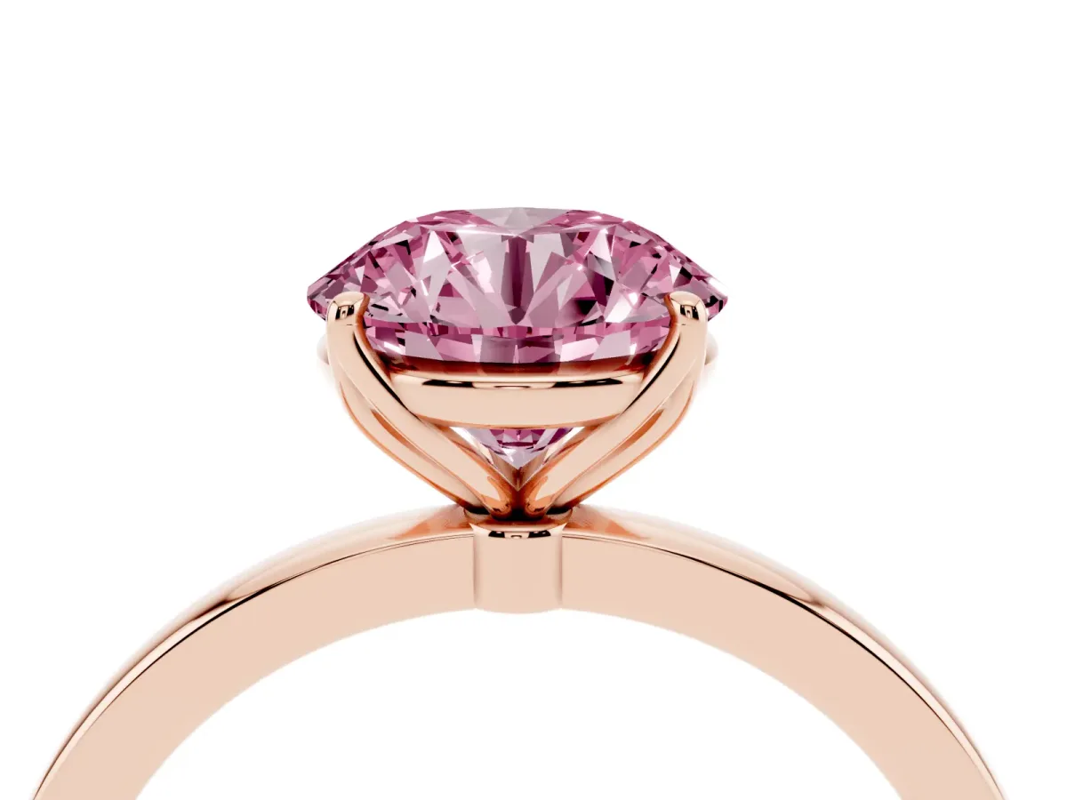Fancy Pink Round Cut Diamond Solitaire Ring with Thin Band and Prong Setting Rose gold