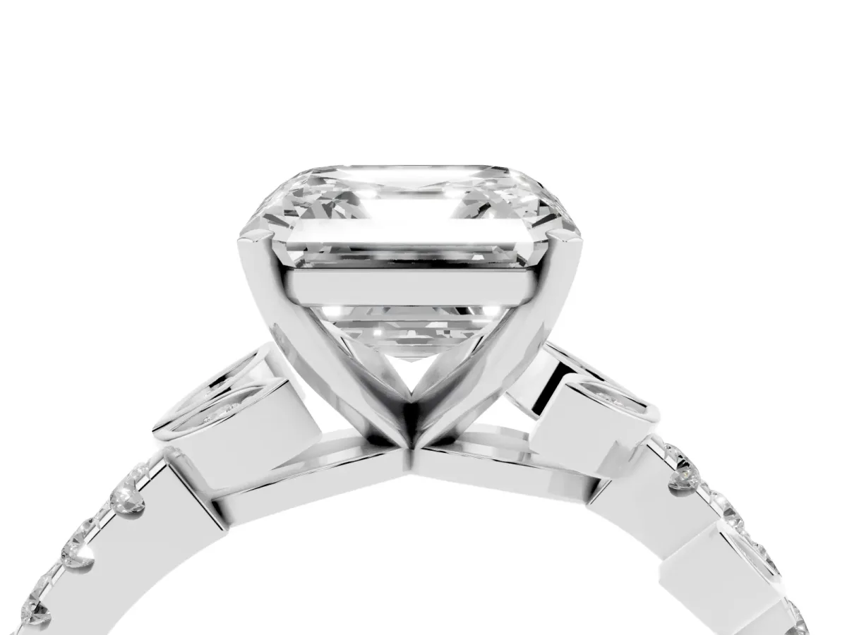Asscher Cut Solitaire Leaf-Inspired Diamond Ring with Pavé Band and Four-Prong Setting Silver
