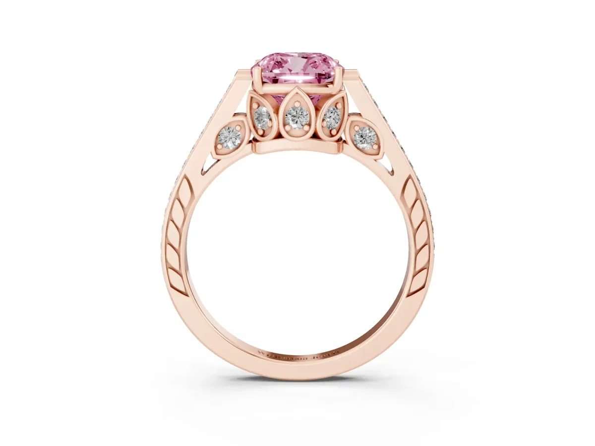 Fancy Pink Cushion Cut Cut Cathedral Pave Diamond Engagement Ring with Six-Prong Setting Rose gold