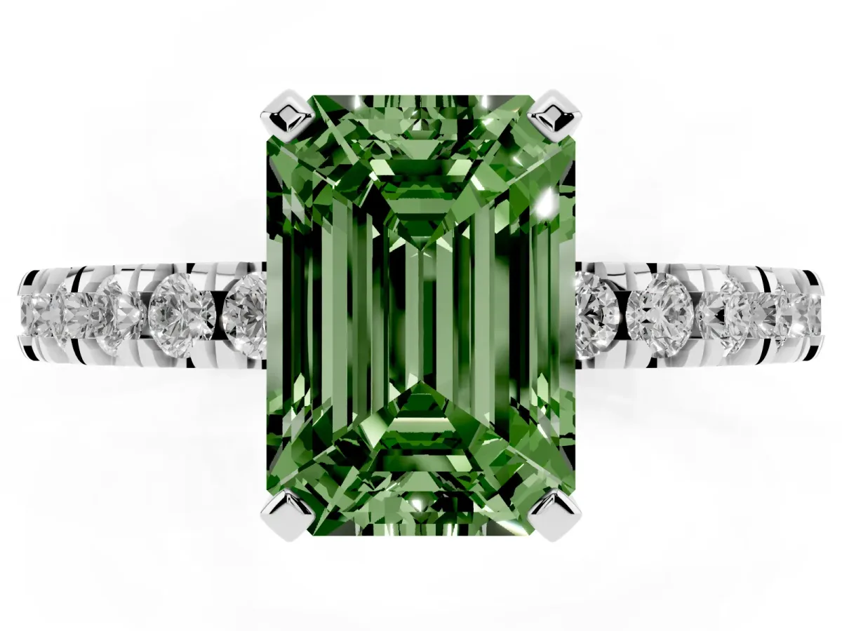 Fancy Green Emerald Cut Diamond Pavé Band Solitaire with Four-Prong Setting Platinum