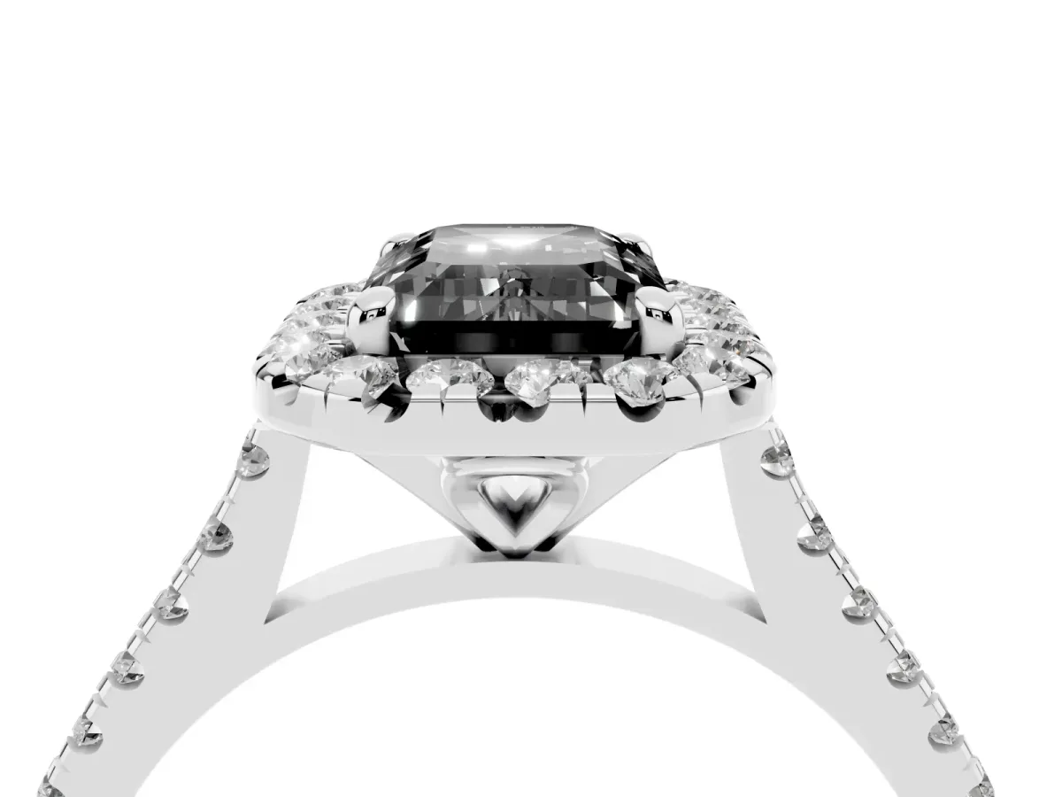 Fancy Black Emerald Cut Diamond Cushion Halo Ring with Pavé Band Silver