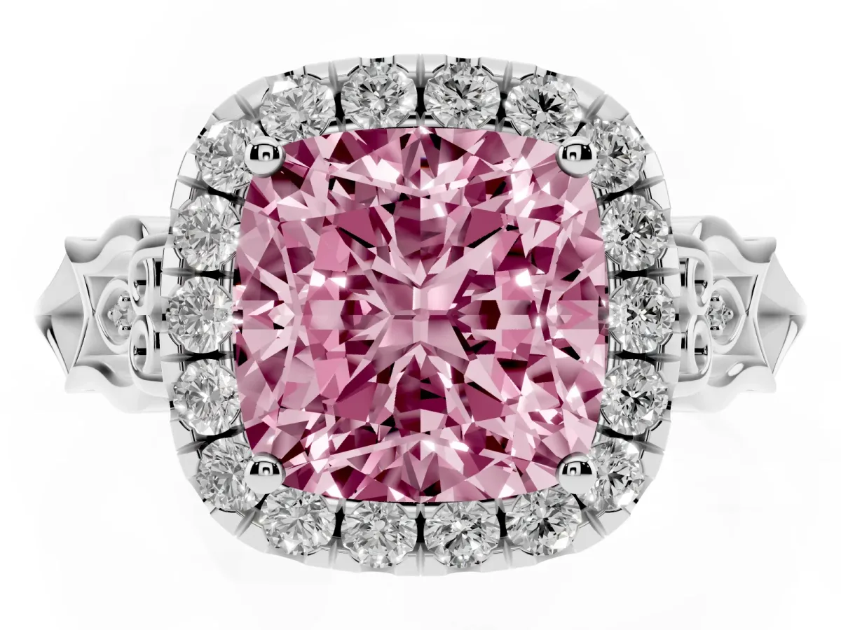 Fancy Pink Cushion Cut Halo Diamond Engagement Ring with Filigree Band and Four-Prong Setting Platinum