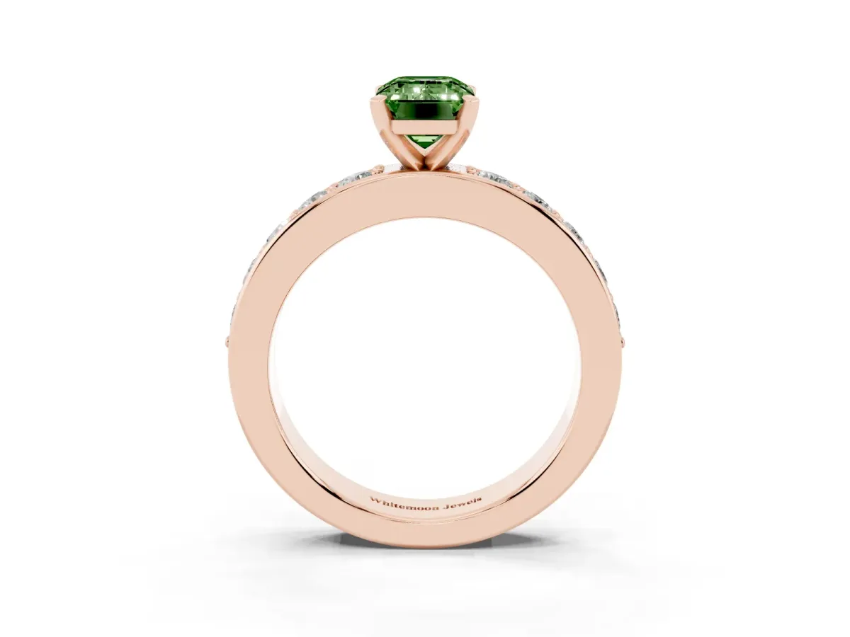 Fancy Green Emerald Cut Diamond Engagement Ring with Channel Set Round Band and Prong Setting Rose gold