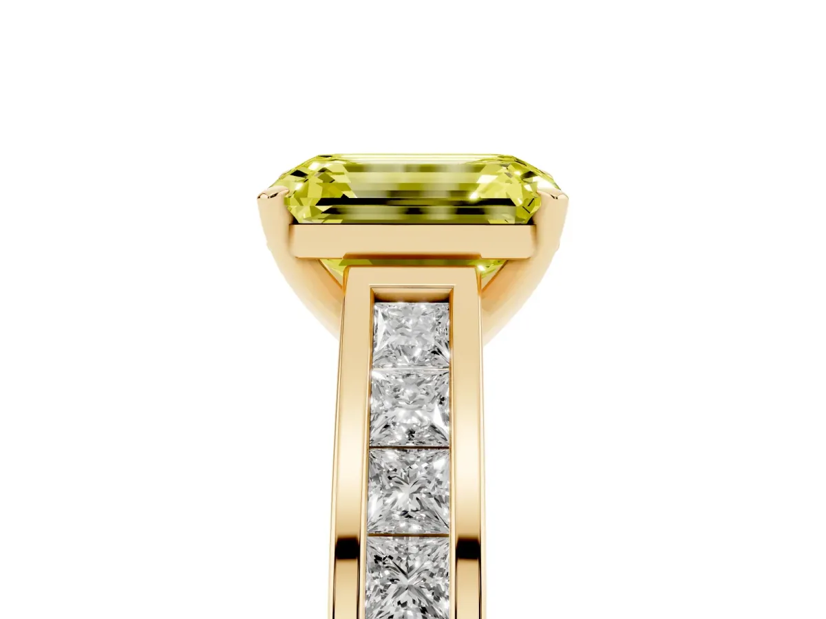 Fancy Yellow Emerald Cut Solitaire Diamond Ring with Channel-Set Band and Four-Prong Setting Yellow gold