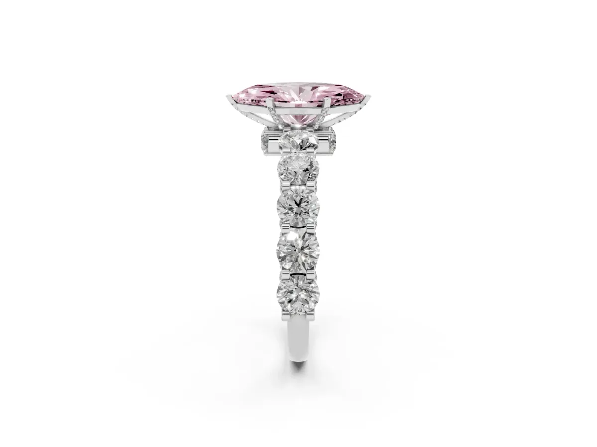 Fancy Pink Marquise Cut Diamond Side Stone Engagement Ring with Four-Prong Setting Silver