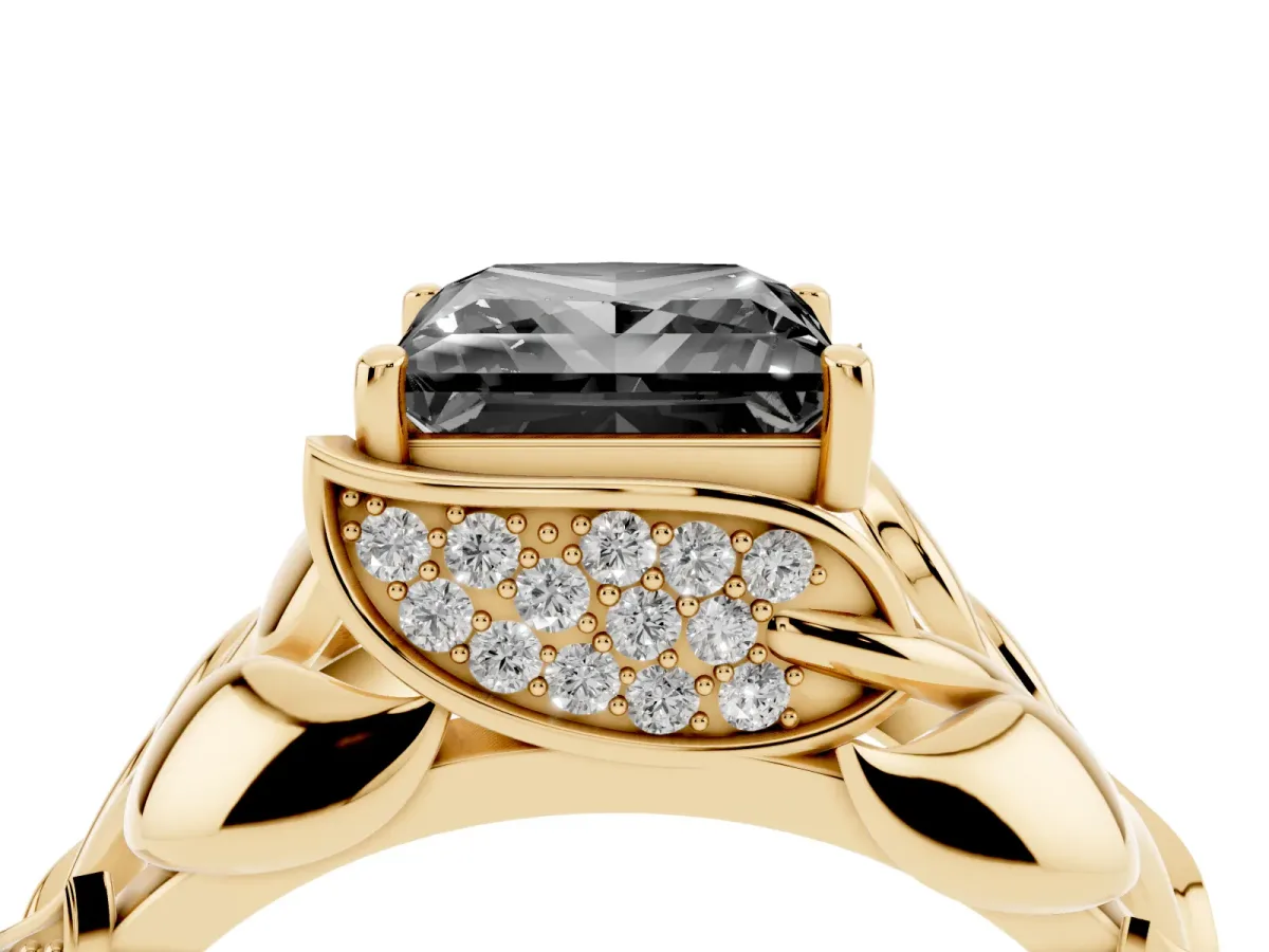 Fancy Black Princess Cut Diamond Leaf-Inspired Engagement Ring with Round Accents and Prong Setting Yellow gold