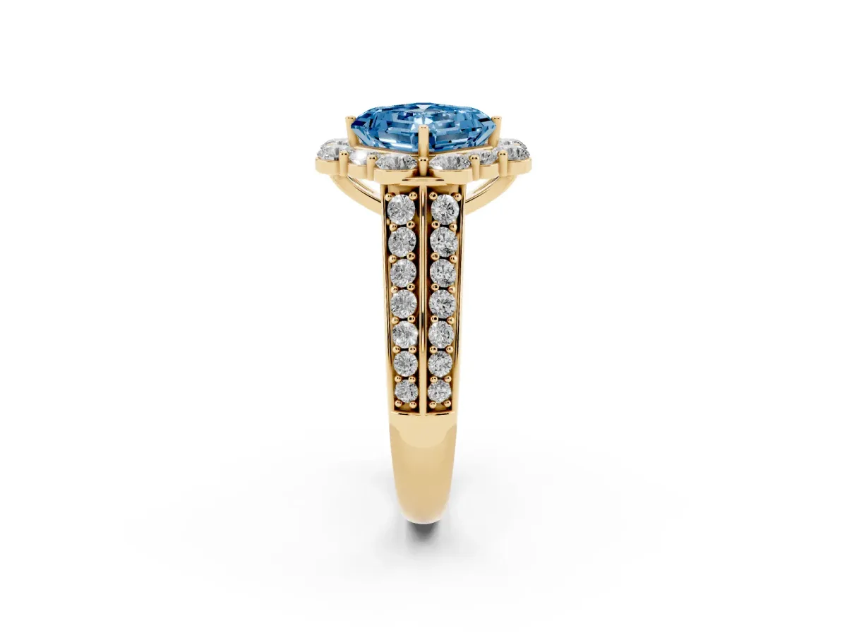 Fancy Blue Asscher Cut Halo Diamond Engagement Ring with Split Shank and Prong Setting Yellow gold