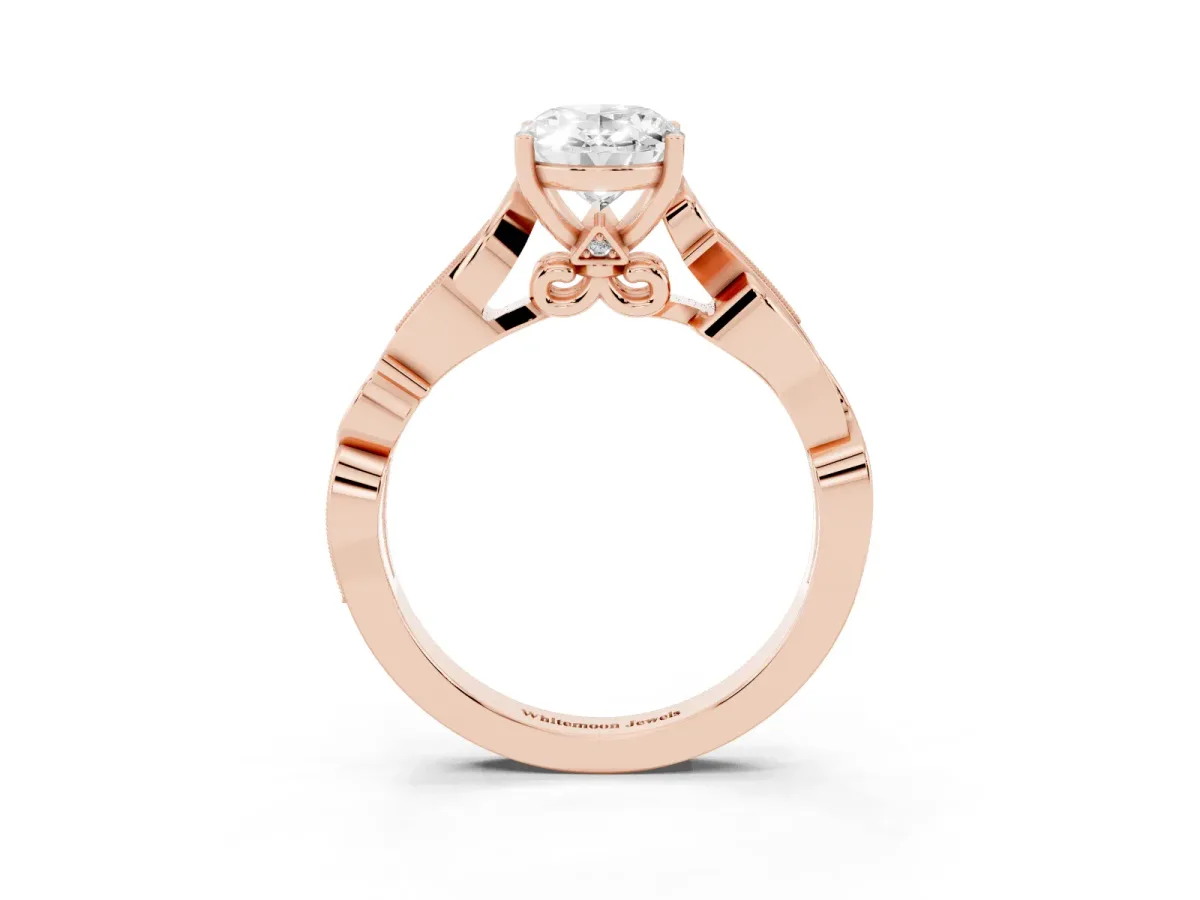 Oval Cut Solitaire Vine Band with Milgrain Prong Setting Rose gold