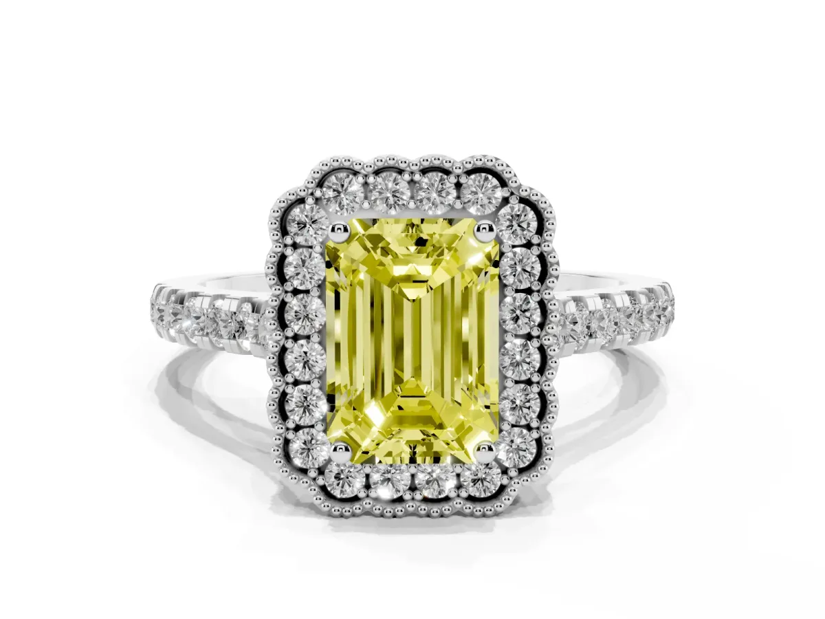 Fancy Yellow Emerald Cut Cut Diamond Milgrain Floral Halo Engagement Ring with Pavé Band Silver