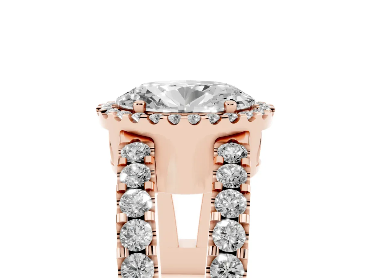 Oval Cut Cut Halo Split Shank Diamond Ring with Four-Prong Setting Rose gold