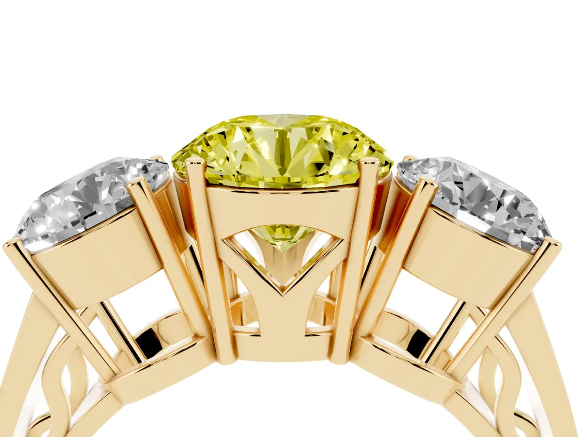 Fancy Yellow Round Cut Diamond Three-Stone Ring with Prong Setting and Textured Band Yellow gold