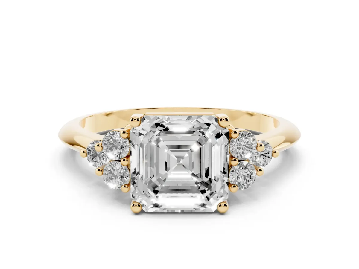 Asscher Cut Cut Diamond Cluster Ring with Solitaire Band and Four-Prong Setting Yellow gold