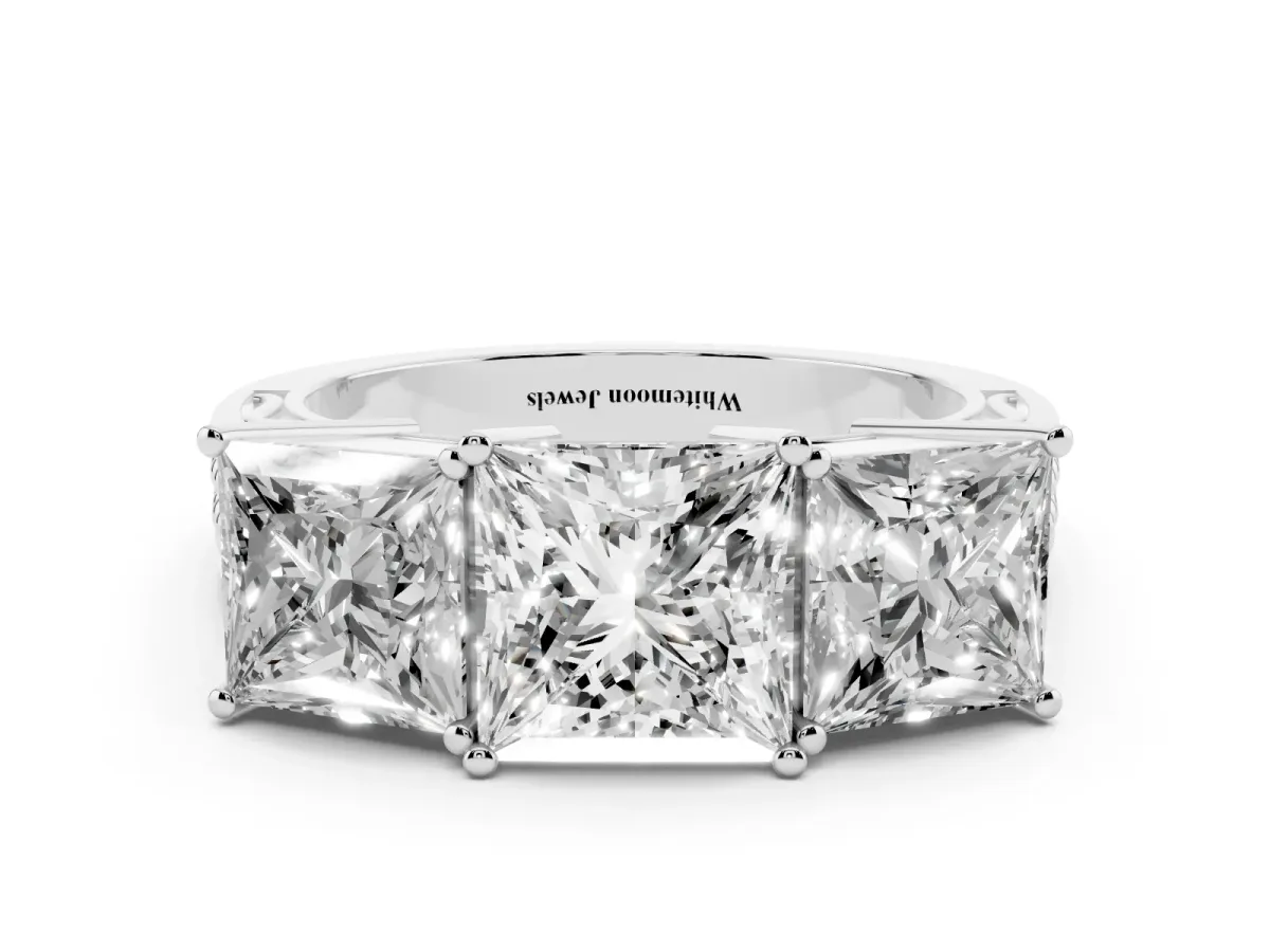 Princess Cut Diamond Three-Stone Ring with Prong Setting and Textured Band Silver