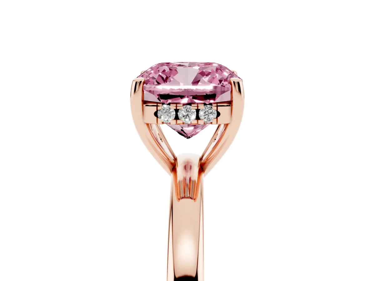 Fancy Pink Cushion Cut Solitaire Diamond Ring with Prong Setting and Plain Band Rose gold