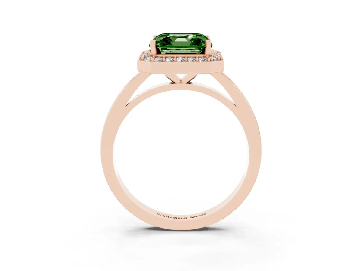 Fancy Green Asscher Cut Halo Diamond Ring with Solitaire Band and Prong Setting Rose gold