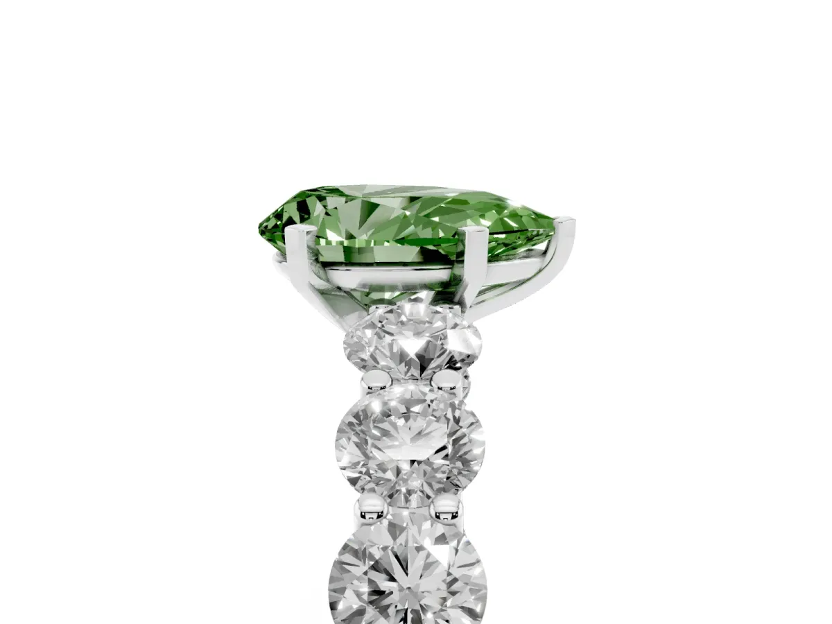 Fancy Green Pear Cut Diamond Prong Setting with Side Stones on a Pave Band Silver