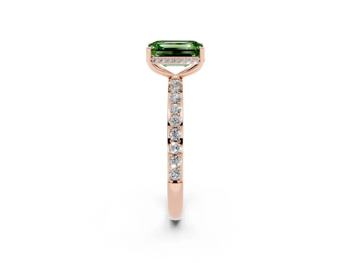 Fancy Green Emerald Cut Diamond Solitaire Ring with Pavé Band and Hidden Halo Rose gold