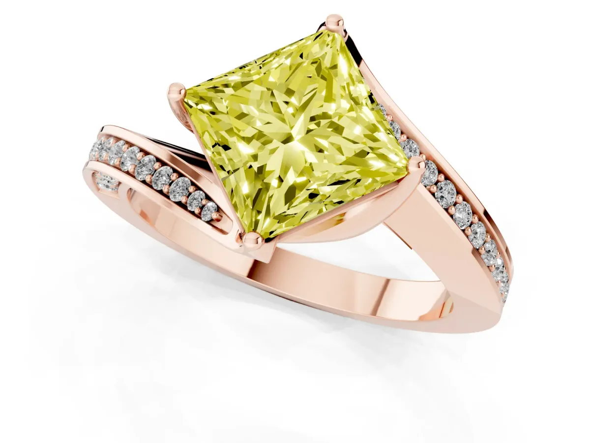 Fancy Yellow Princess Cut Solitaire Diamond Twist Band with Pavé Setting and Four-Prong Setting Rose gold