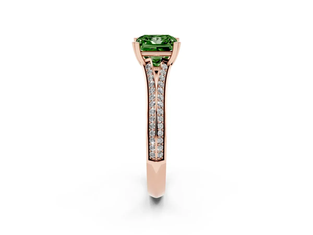 Fancy Green Princess Cut Diamond Split Shank Engagement Ring with Pavé Band Rose gold