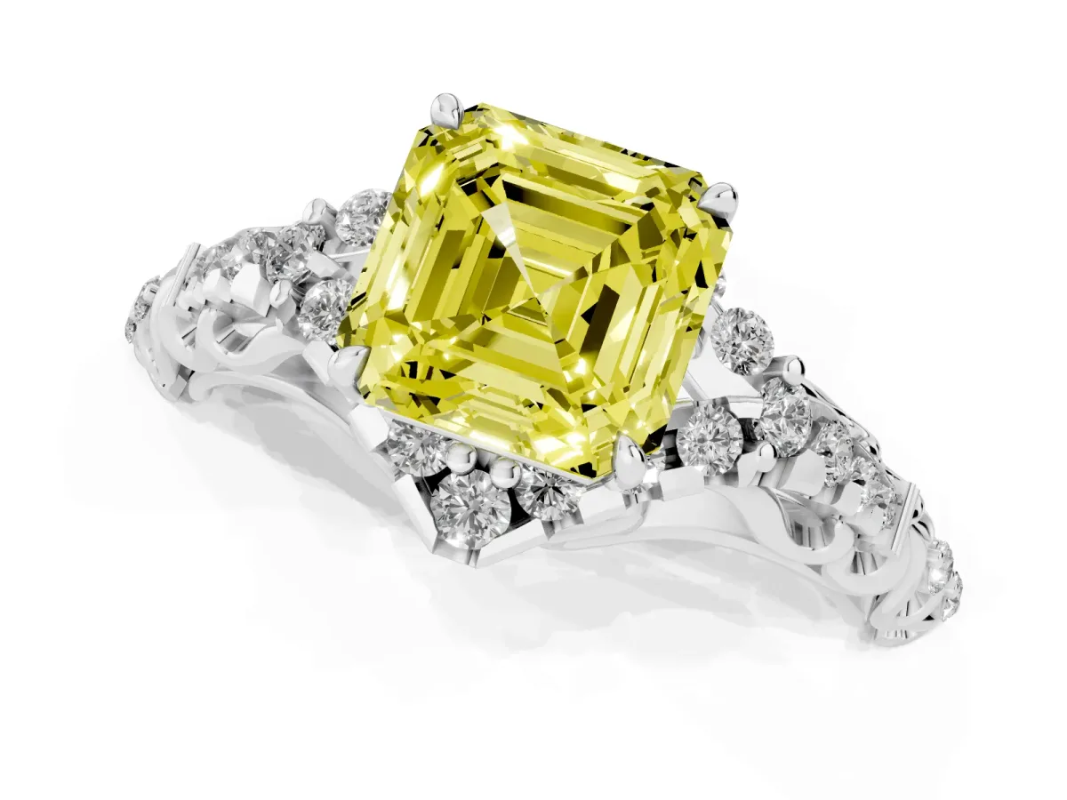 Fancy Yellow Asscher Cut Diamond Solitaire Ring with Hidden Halo and Pavé Band Platinum