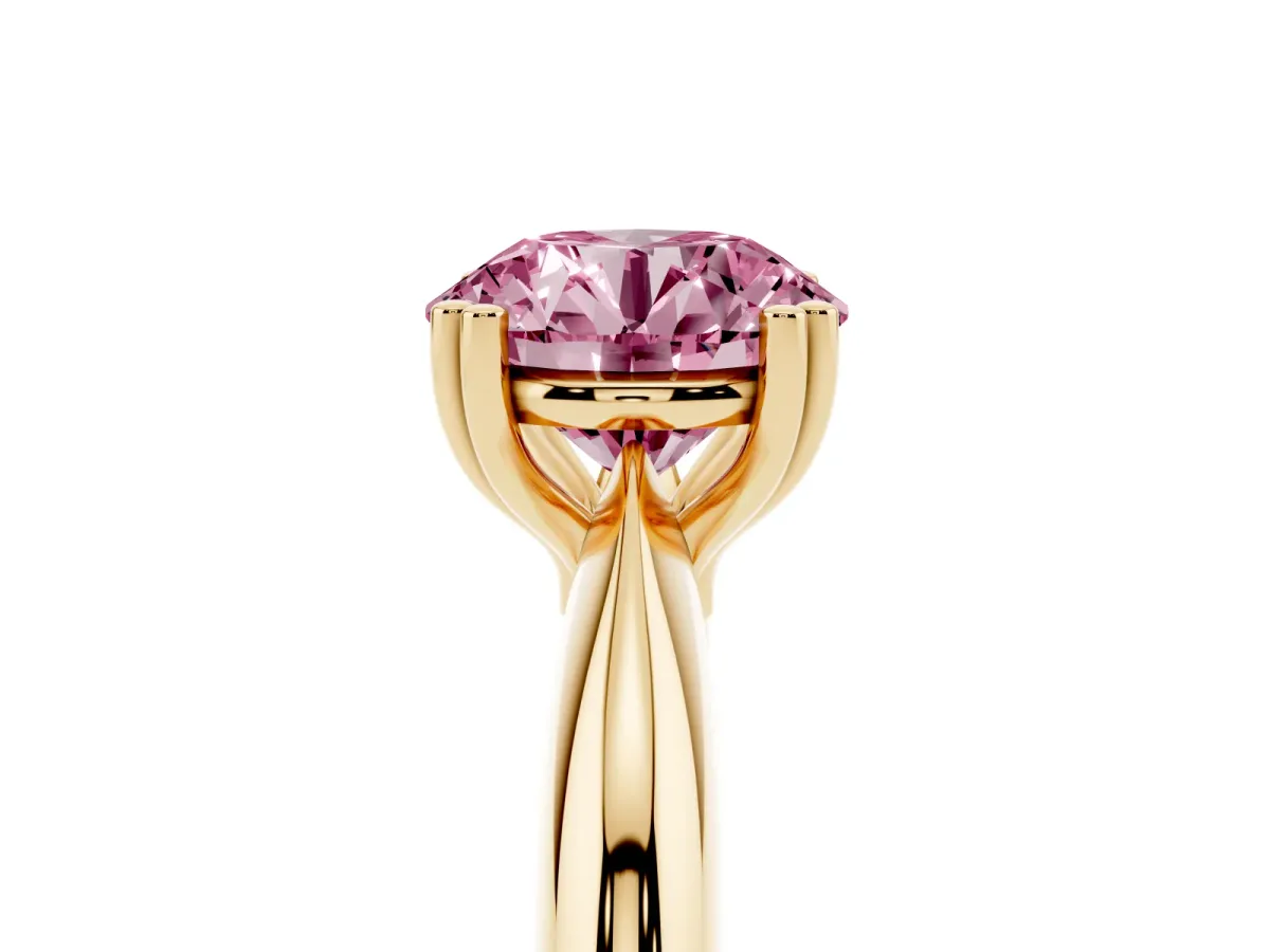 Fancy Pink Round Cut Cut Solitaire Engagement Ring with Tapered Band and Four-Prong Setting Yellow gold