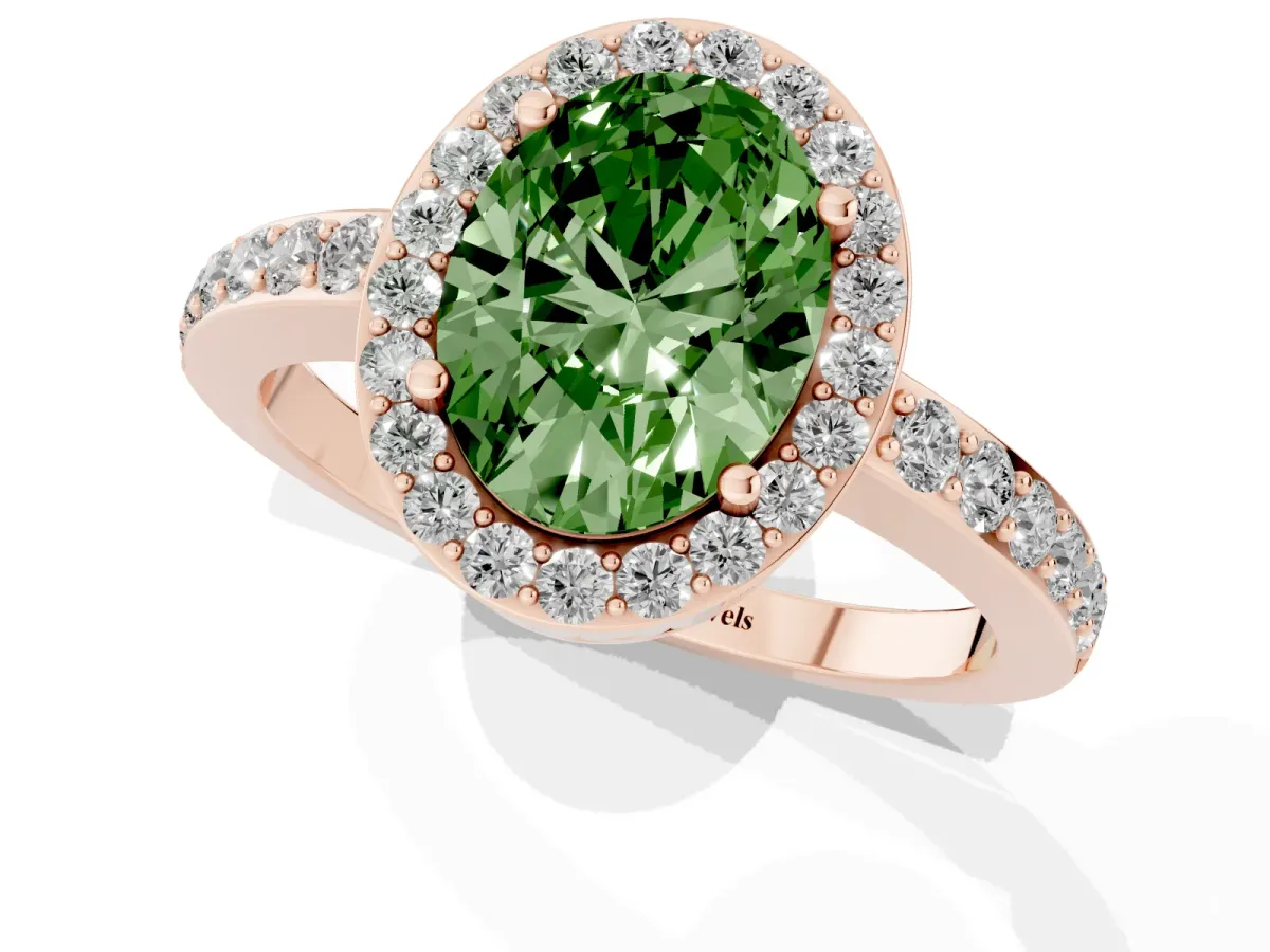 Fancy Green Oval Cut Halo Diamond Pavé Band Ring with Prong Setting Rose gold