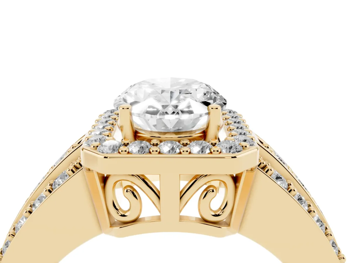 Oval Cut Halo Diamond Ring with Round Split Shank and Prong Setting Yellow gold