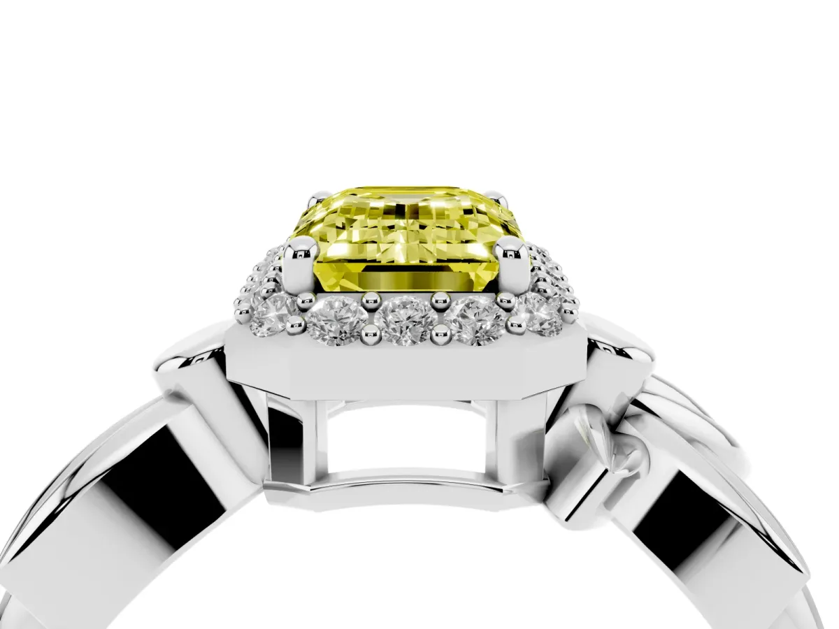 Fancy Yellow Emerald Cut Halo Diamond Floral Band with Four-Prong Setting Platinum