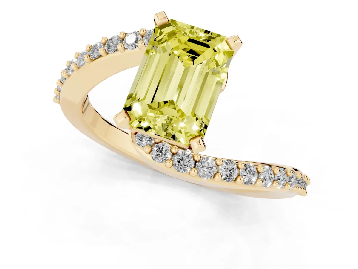 Fancy Yellow Emerald Cut Solitaire Twist Band with Pave Set Diamonds and Four-Prong Setting Yellow gold