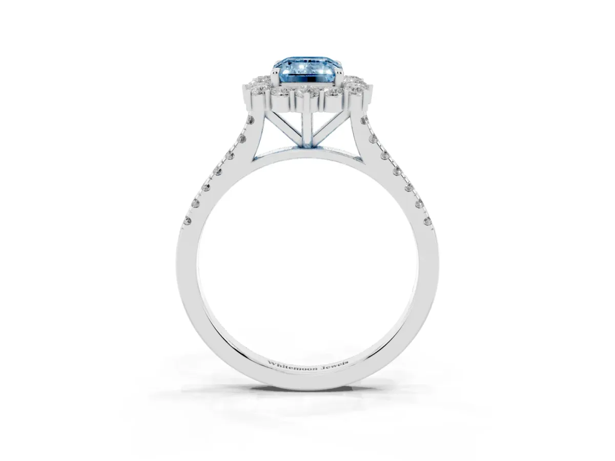 Fancy Blue Emerald Cut Halo Diamond Ring with Pavé Band and Prong Setting Silver