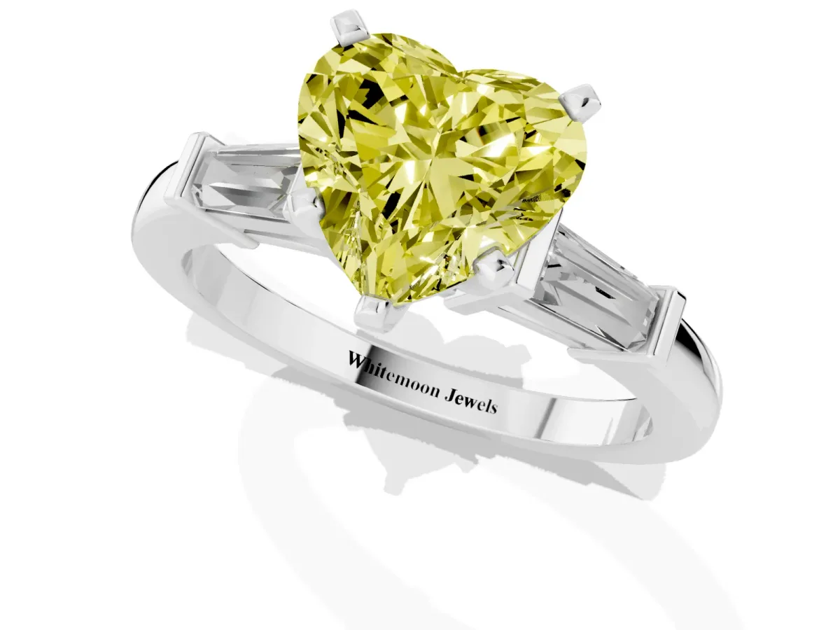 Fancy Yellow Heart Cut Cut Diamond Solitaire Ring with Tapered Baguette Accents and Four-Prong Setting Silver