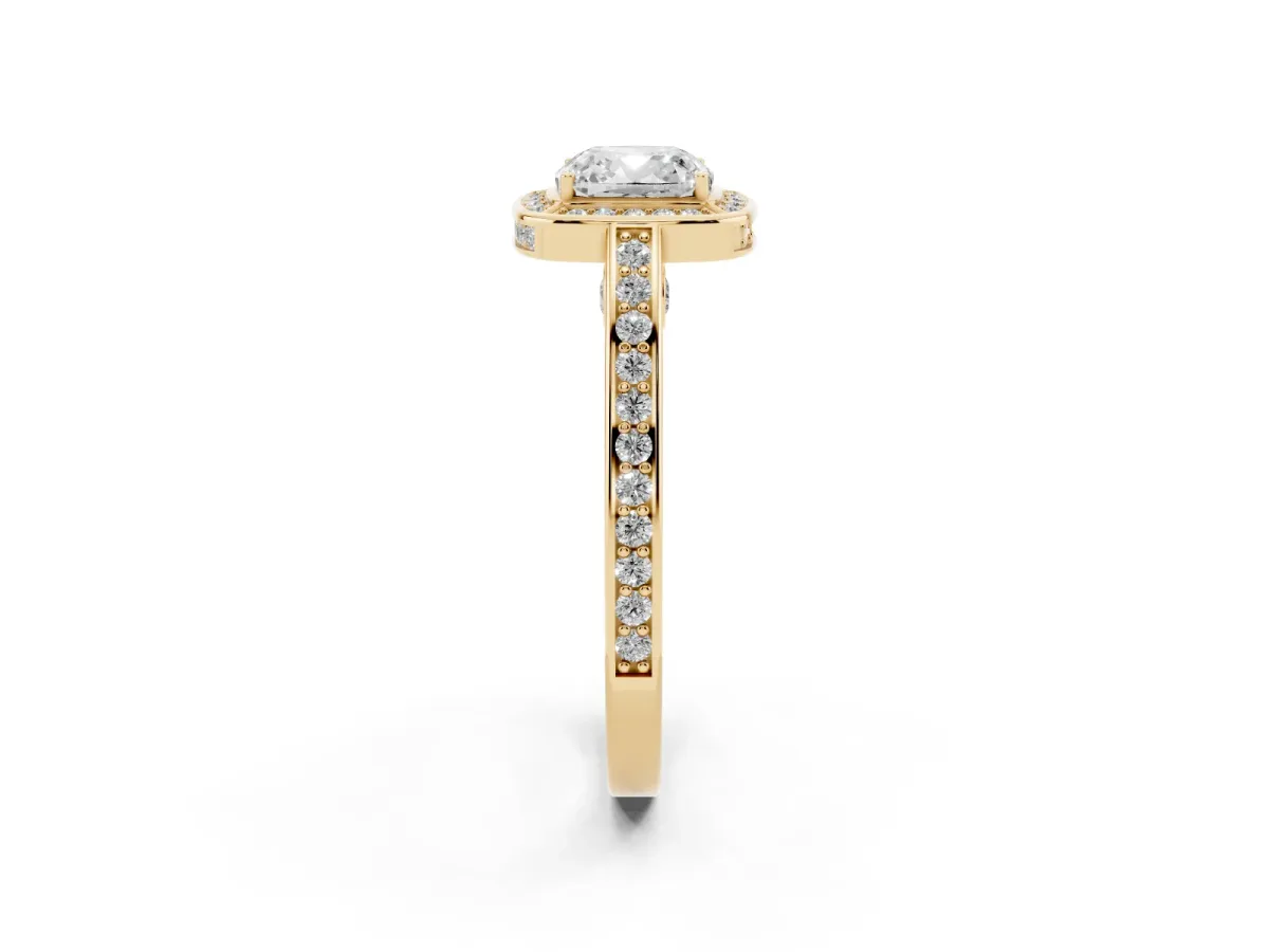 Cushion Cut Cut Halo Pave Split Shank Prong Setting Ring Yellow gold