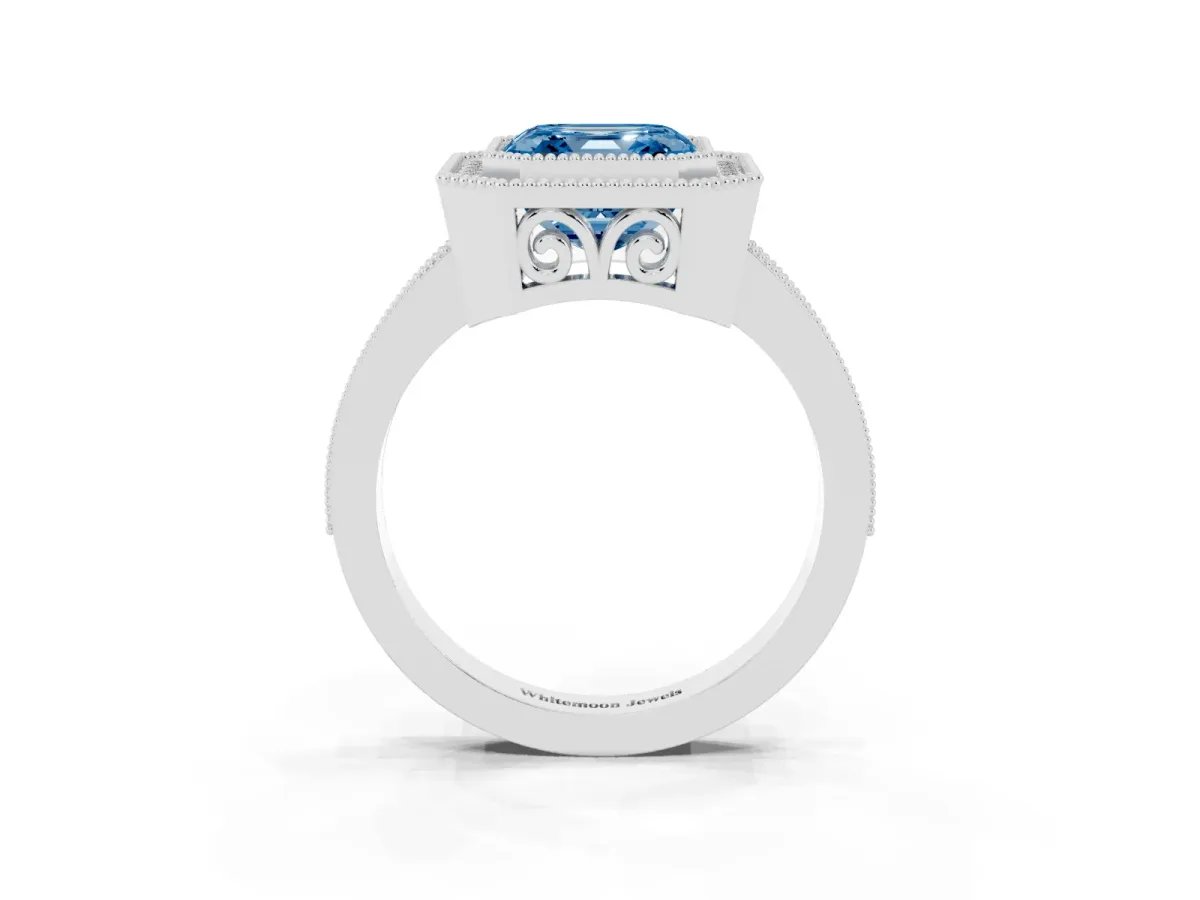 Fancy Blue Asscher Cut Cut Halo Diamond Ring with Pavé Band and Milgrain Prong Setting Silver