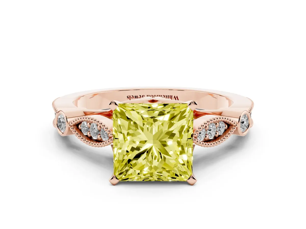 Fancy Yellow Princess Cut Cut Diamond with Milgrain Marquise and Bezel Accents on a Solitaire Band with Prong Setting Rose gold