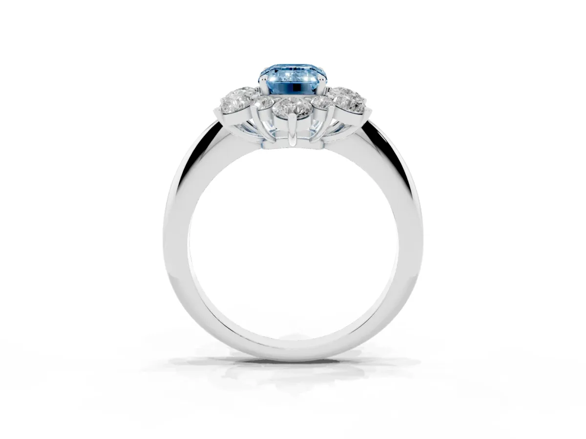 Fancy Blue Emerald Cut Diamond Cluster Halo Ring with Solitaire Band and Four-Prong Setting Silver