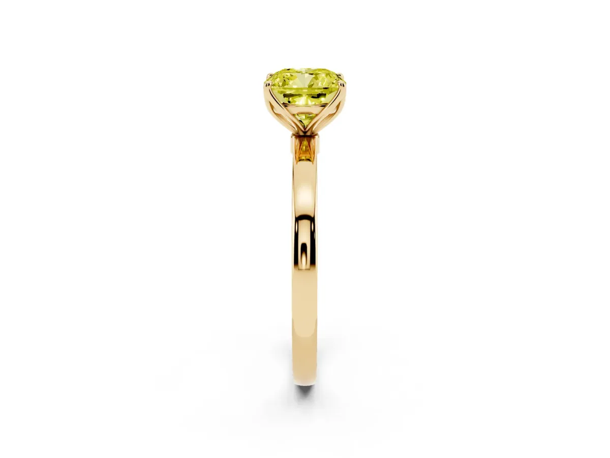 Fancy Yellow Cushion Cut Diamond Solitaire Ring with Thin Band and Prong Setting Yellow gold