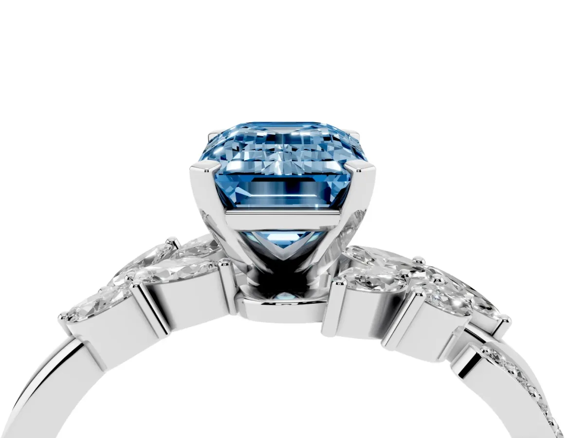 Fancy Blue Emerald Cut Solitaire Marquise Twist Band with Six-Prong Setting Silver