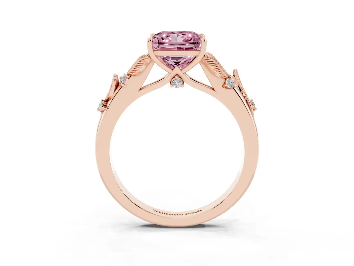 Fancy Pink Princess Cut Diamond Solitaire Ring with Leaf Motif Band and Four-Prong Setting Rose gold