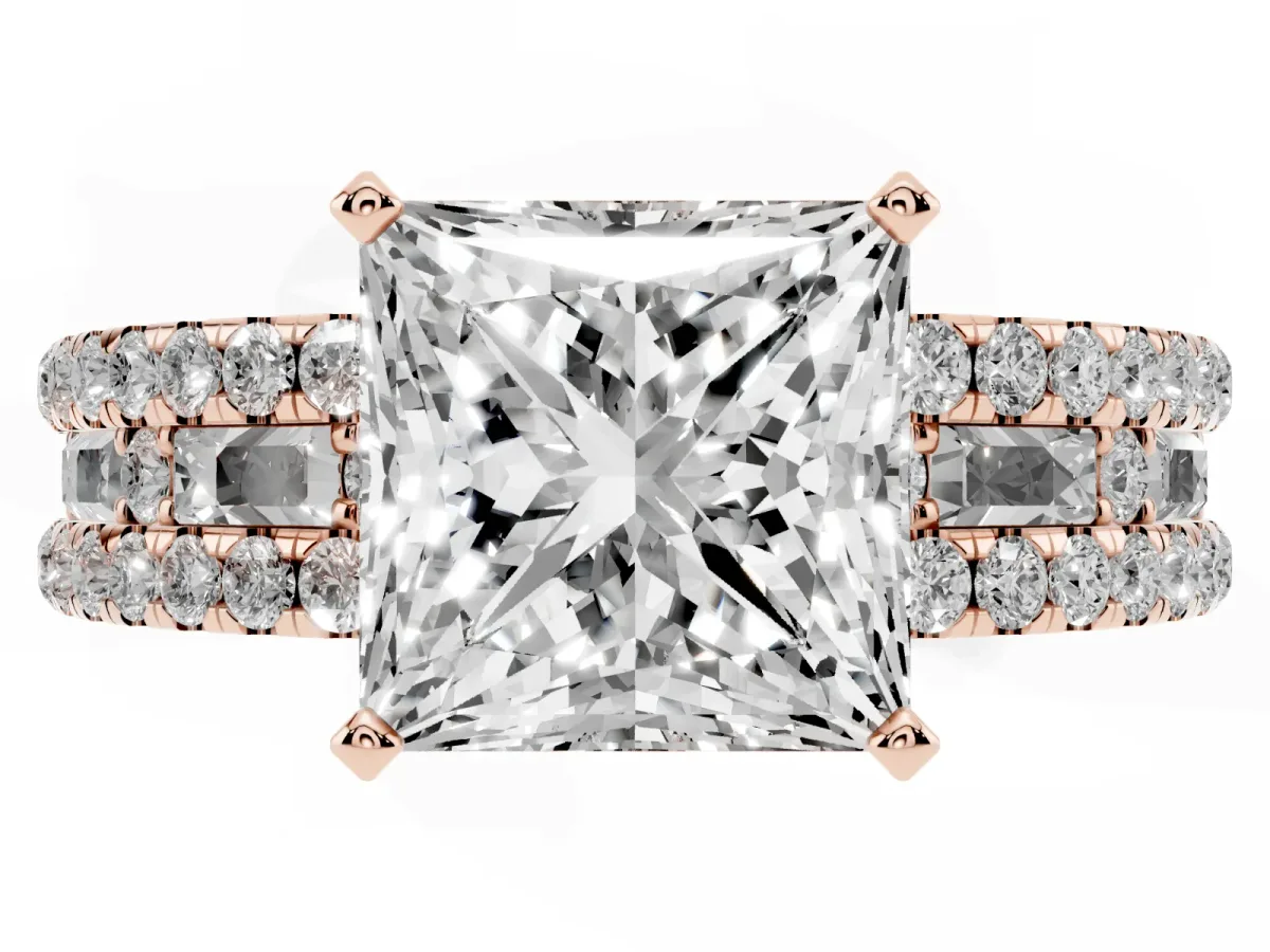 Princess Cut Diamond Solitaire Ring with Pavé and Channel Set Band Rose gold