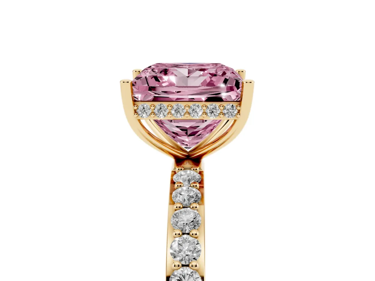 Fancy Pink Princess Cut Diamond Solitaire Ring with Pavé Band and Hidden Halo Yellow gold