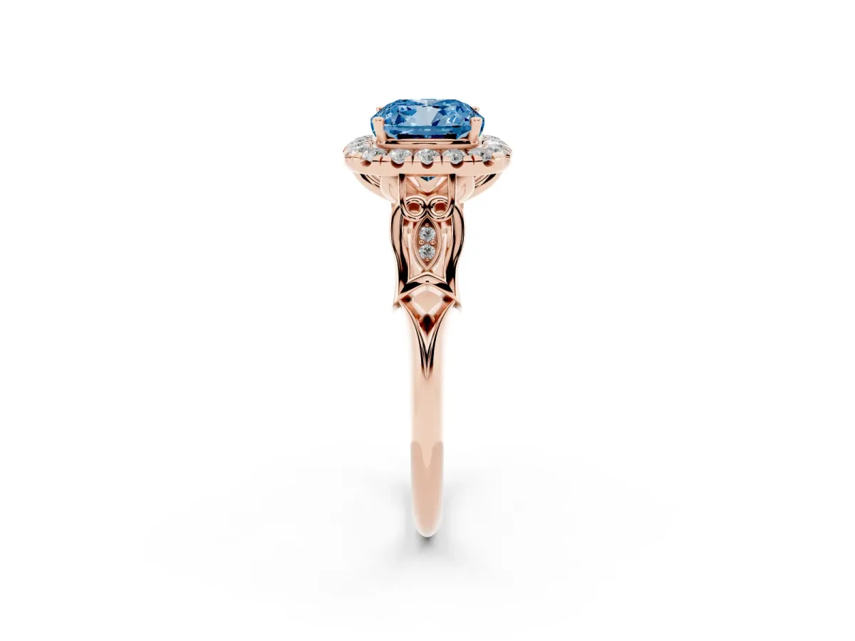 Fancy Blue Cushion Cut Halo Diamond Engagement Ring with Filigree Band and Four-Prong Setting Rose gold