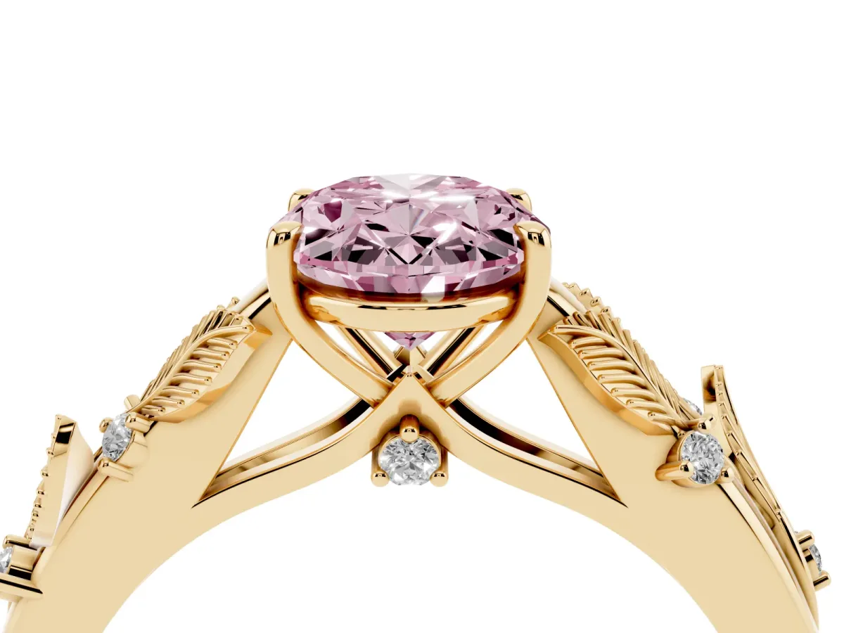 Fancy Pink Oval Cut Diamond Solitaire Ring with Leaf Motif Band and Four-Prong Setting Yellow gold