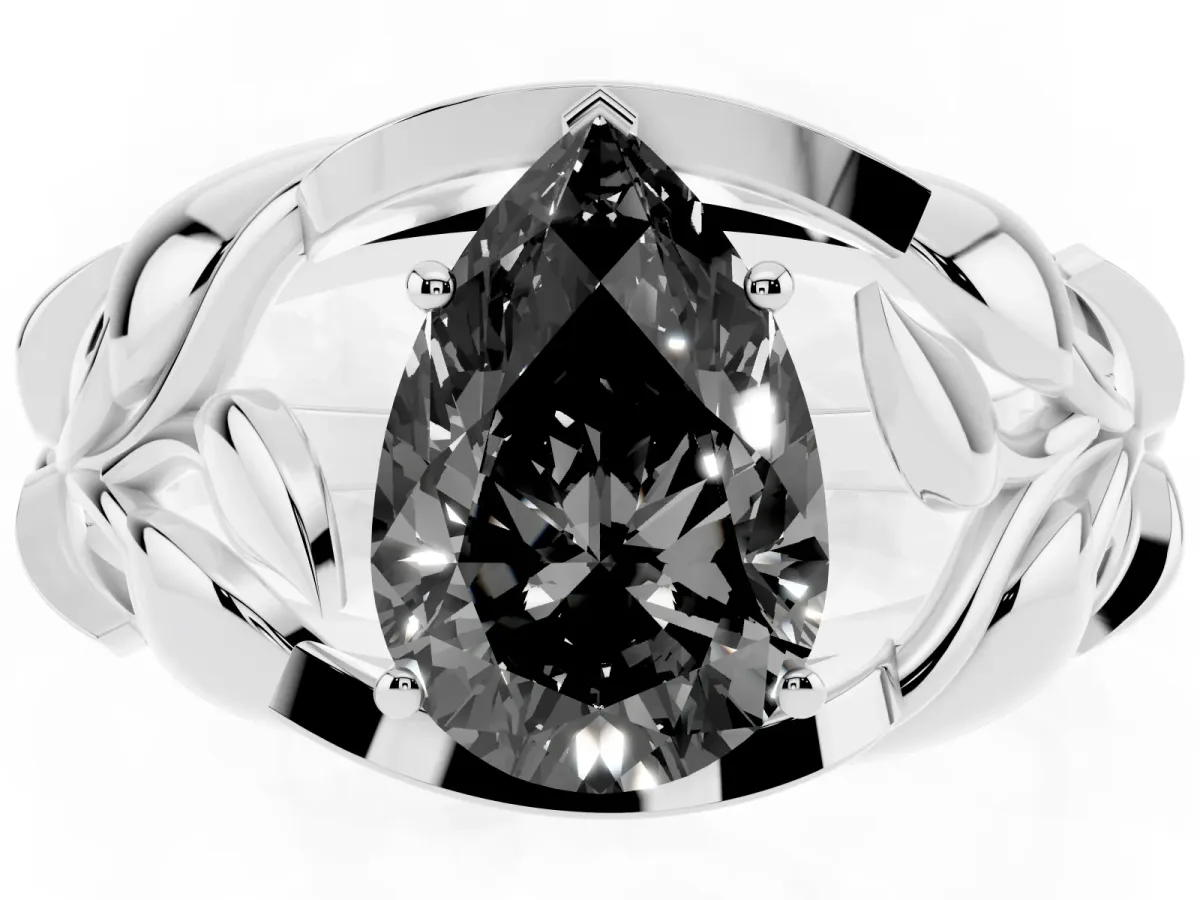 Fancy Black Pear Cut Diamond Leaf-Inspired Engagement Ring with Round Accents and Prong Setting Silver