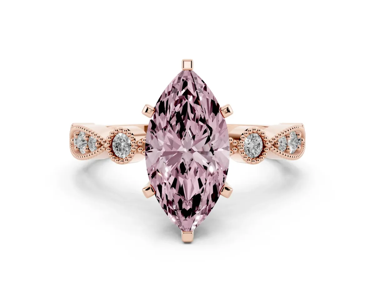 Fancy Pink Marquise Cut Milgrain Bezel Diamond Engagement Ring with Solitaire Prong Setting Rose gold
