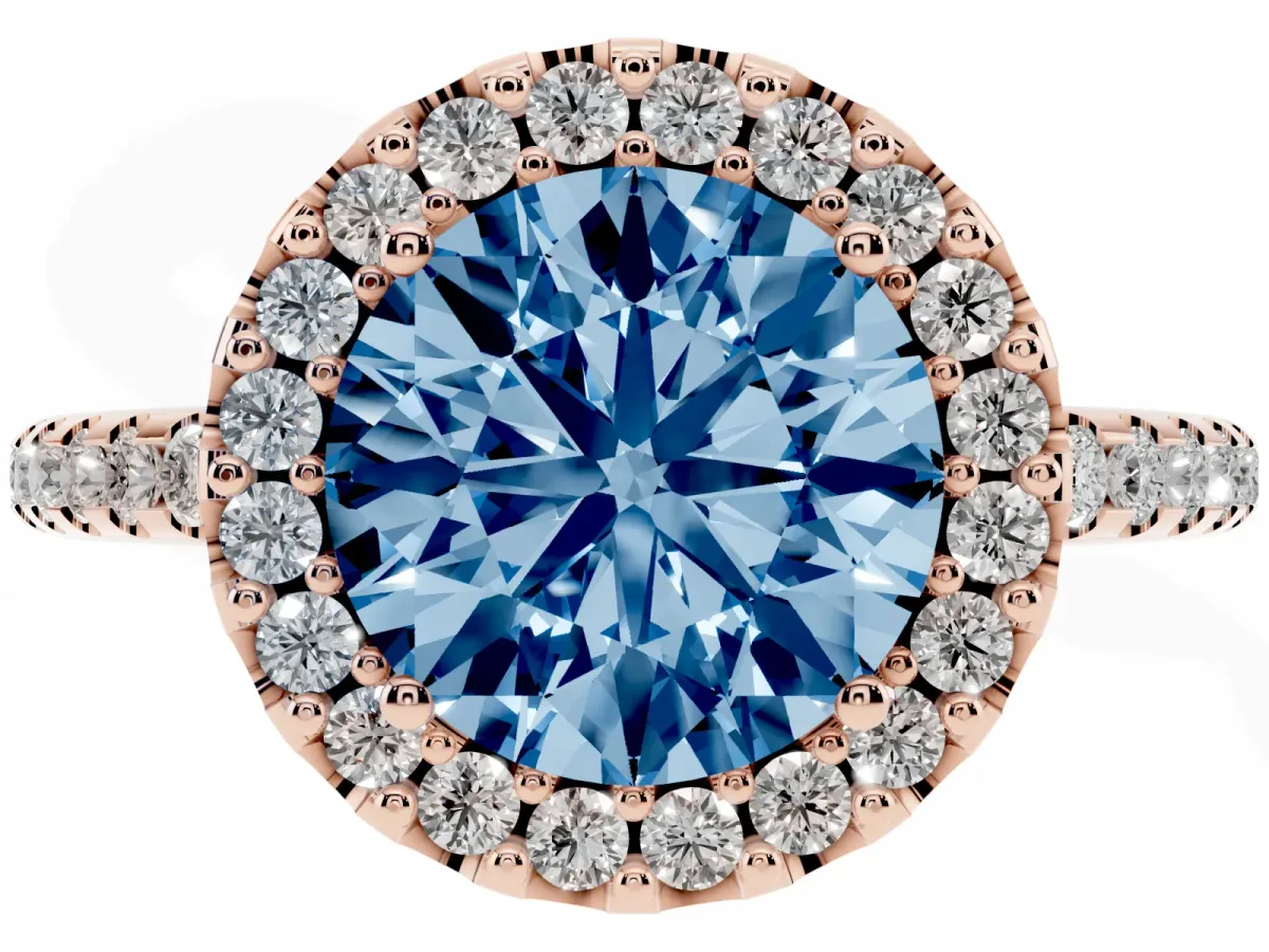 Fancy Blue Round Cut Diamond Pavé Halo Ring with Four-Prong Setting Rose gold