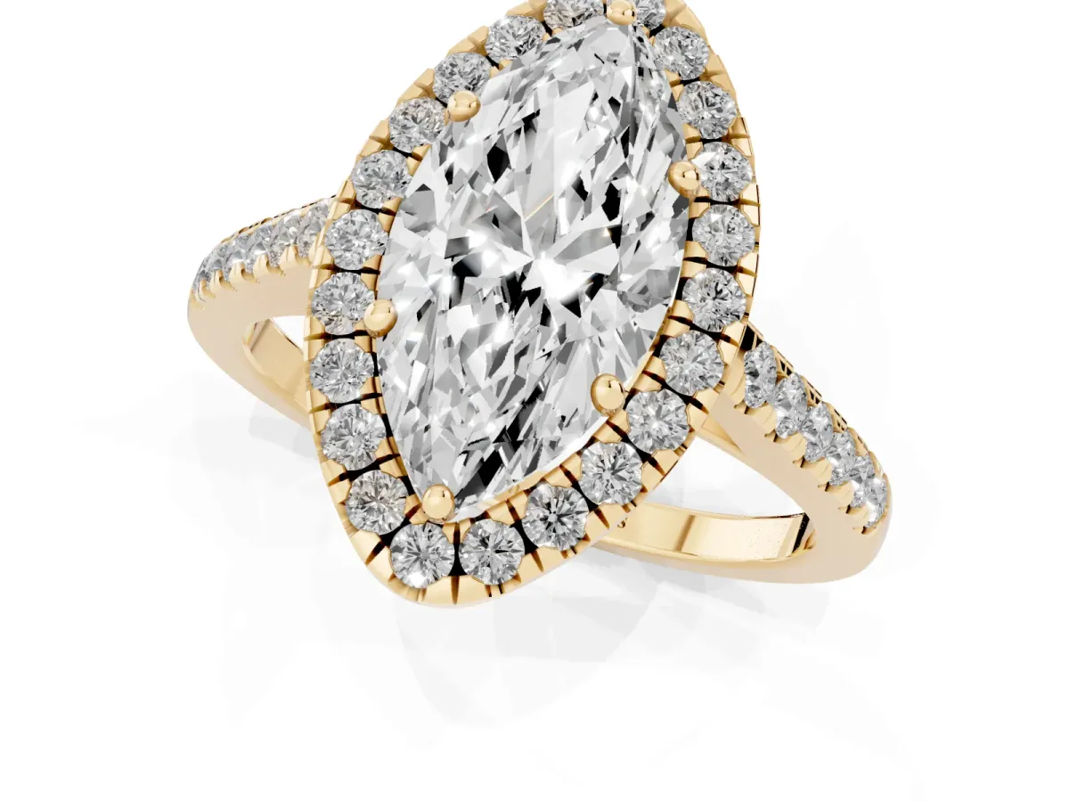 Marquise Cut Halo Pave Diamond Engagement Ring with Four-Prong Setting Yellow gold